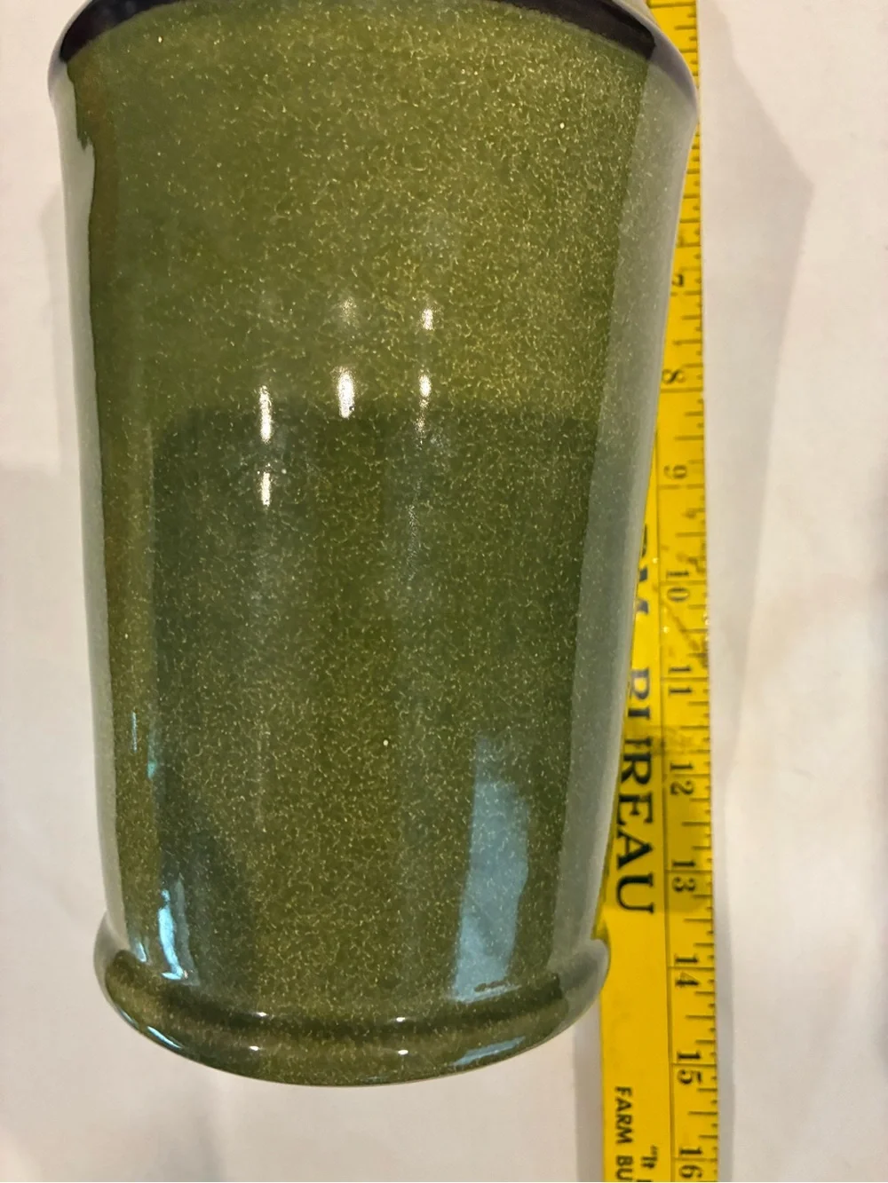 Neiman Marcus Olive Green Glazed Ceramic Vase Base w/Grappa on Front of Vessel